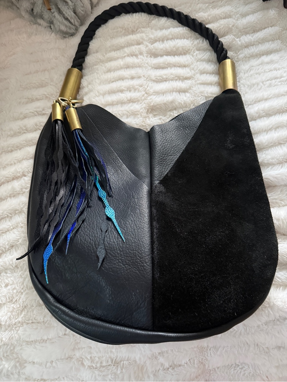 Wildwood Oyster Black Leather & Suede Shoulder Hobo Bag with Rope Handle